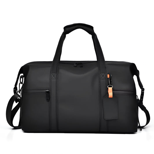 Black travel bag with a shoulder strap on a white background