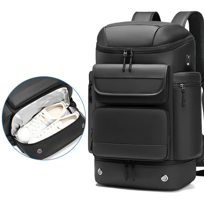 Black backpack with shoe compartment on a white background