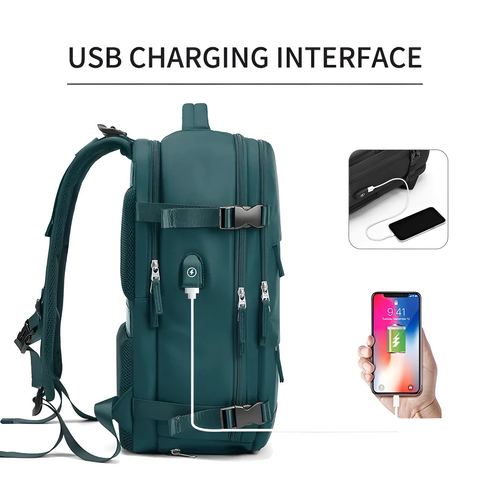 Green backpack with USB charging interface, smartphone, and cable on a white background