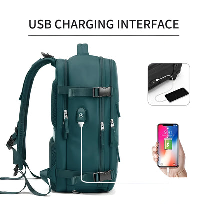 Green backpack with USB charging interface, smartphone, and cable on a white background