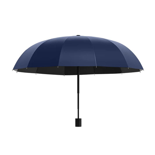 Blue umbrella with black handle and trim on a white background