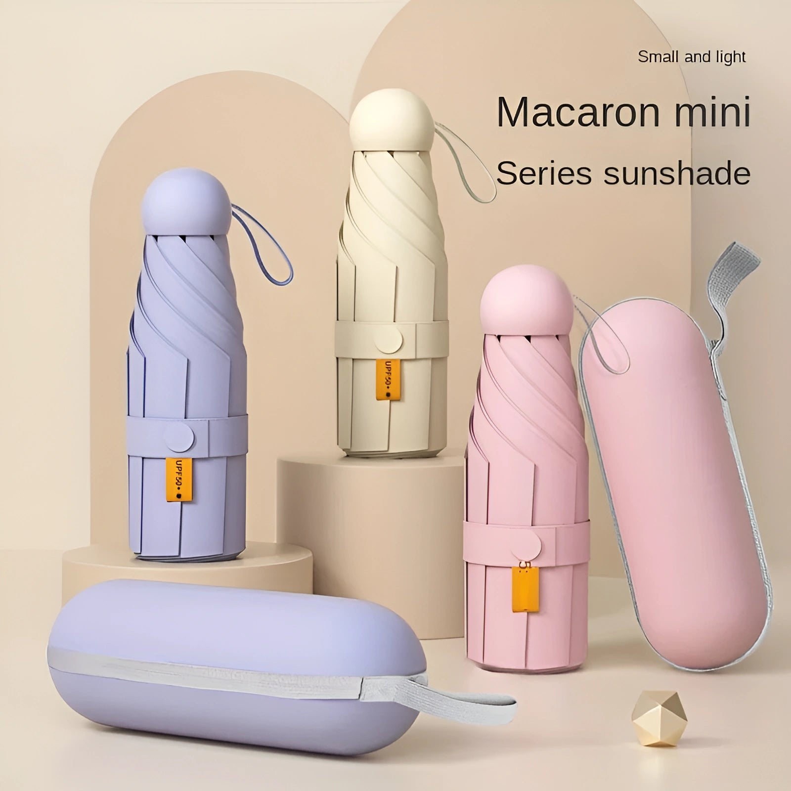 Set of small and light Macaron mini series sunshades in various colors on a beige background.