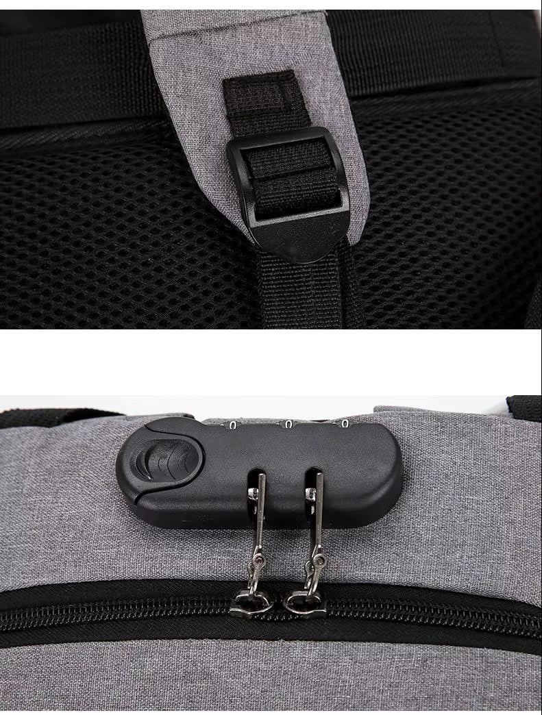 Close-up of a gray backpack with a black buckle and lock mechanism.