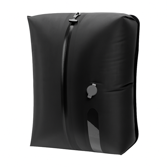 Black inflatable bag with a zipper on a white background